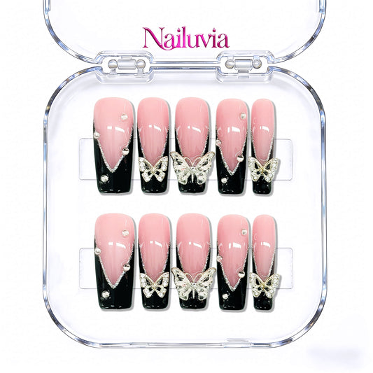 Nailuvia-D057  Midium-Square "Butterfly Noir Blush" Press-On Nails