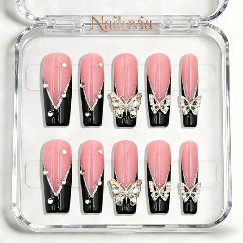 Nailuvia-D057  Midium-Square "Butterfly Noir Blush" Press-On Nails