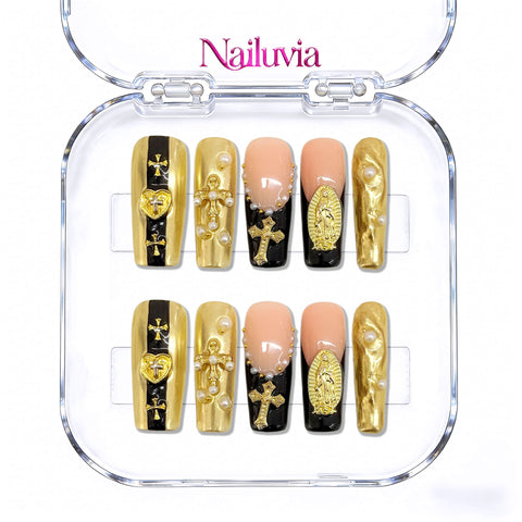 Nailuvia-D059 Midium-Square "Divine Noir &amp; Gold" Press-On Nails