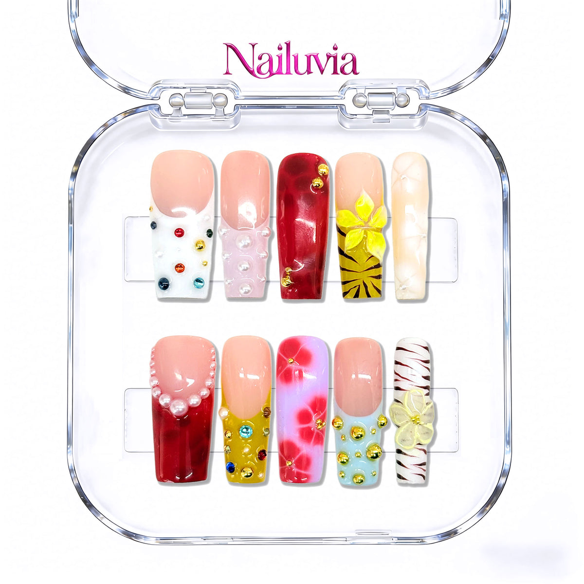 Nailuvia-D064 Midium-Square Luxury Press-On Nails – Floral Pearl &amp; Burgundy Art Set
