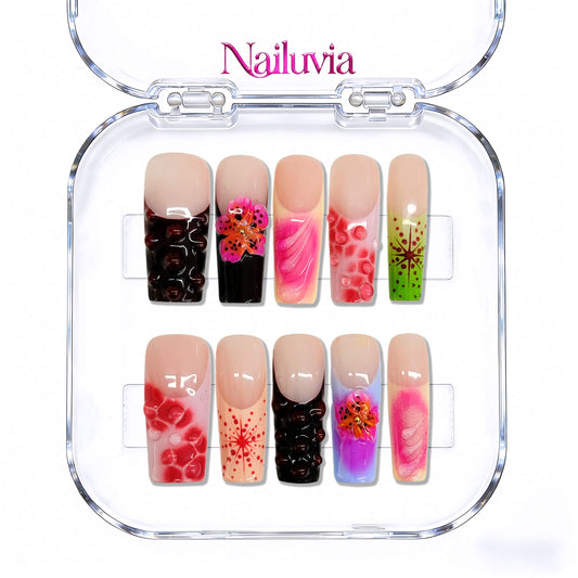 Nailuvia-D065 Midium-Square Press-On Nails – Artistic Bloom & Jelly Texture Set