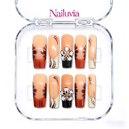 Nailuvia-D080 Midium-Square "Mocha Blossom" Press-On Nails