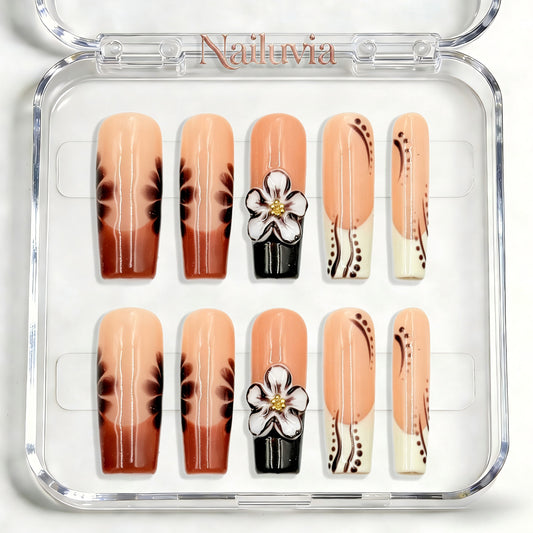 Nailuvia-D080 Midium-Square "Mocha Blossom" Press-On Nails