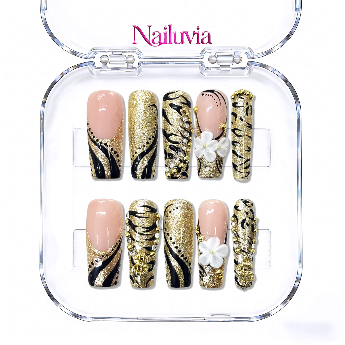 Nailuvia-D087 Midium-Square "Gilded Noir Garden" Press-On Nails