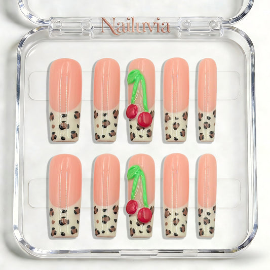 Nailuvia-D096 Midium-Square "Peach Cherry Leopard" Press-On Nails