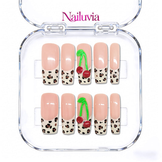 Nailuvia-D096 Midium-Square "Peach Cherry Leopard" Press-On Nails