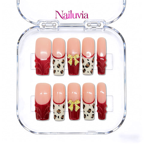 Nailuvia-D097 Midium-Square "Ruby Leopard Bow" Press-On Nails