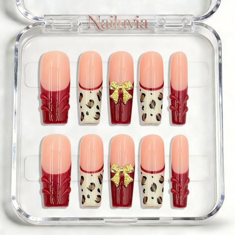 Nailuvia-D097 Midium-Square "Ruby Leopard Bow" Press-On Nails