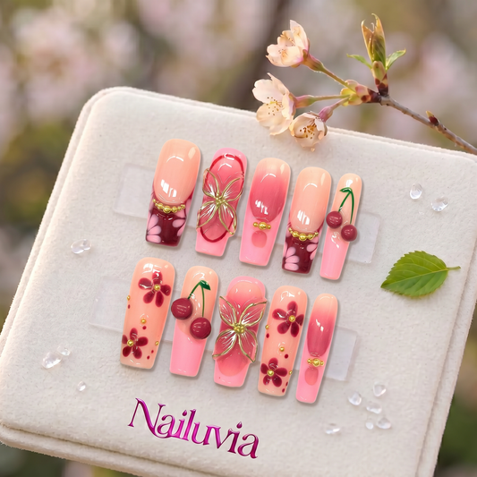 HK-D112 Handmade Medium Square Press On Nails for Daily Life, Dates & Social Gatherings