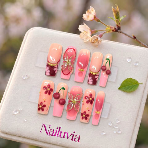 HK-D112 Handmade Medium Square Press On Nails for Daily Life, Dates & Social Gatherings
