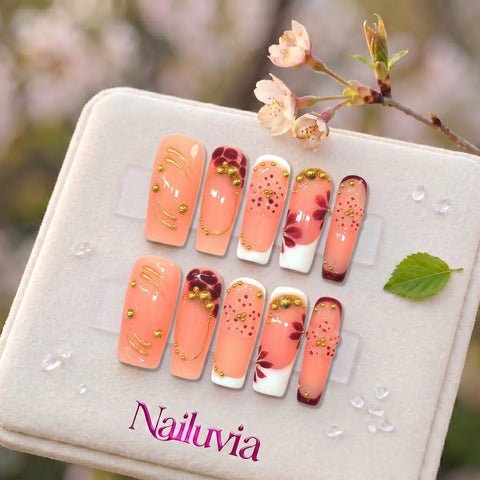 HK-D116 Handmade Medium Square Press On Nails for Daily Life, Dates & Social Gatherings