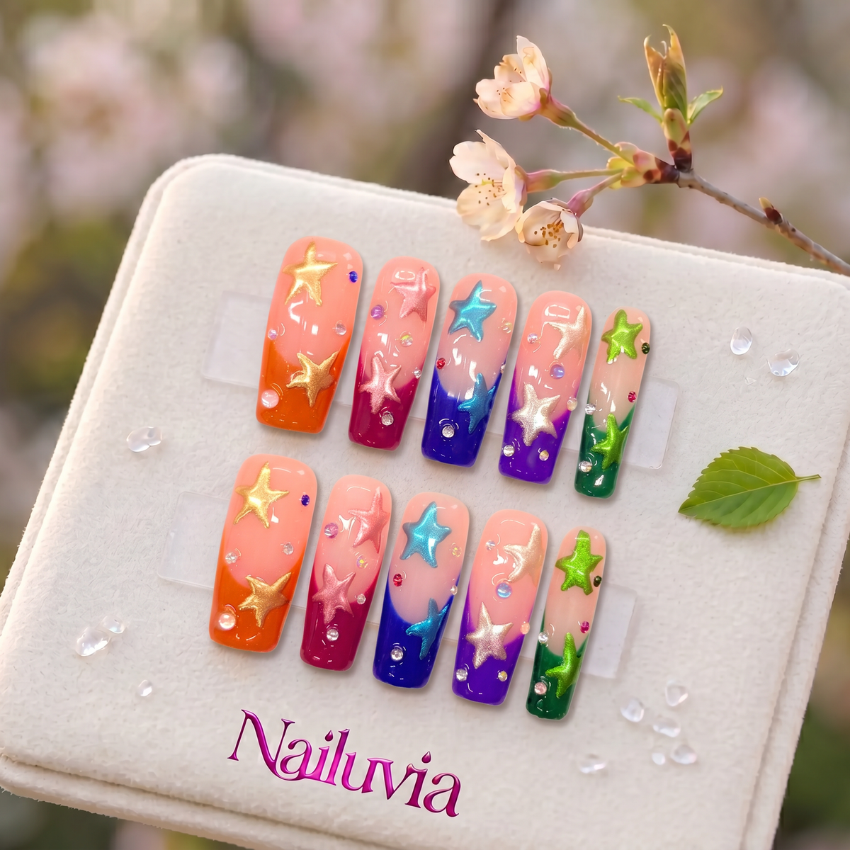 HK-D117Handmade Medium Square Press On Nails for Daily Life, Dates, & Music Festivals