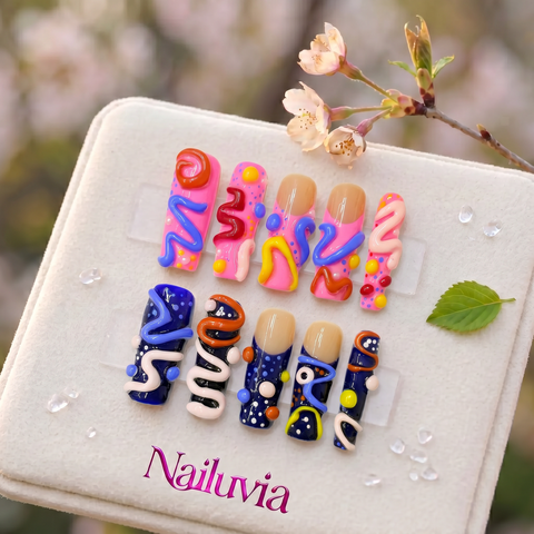 HK-D120 Handcrafted Medium Square Press On Nails Y2K for Everyday Wear& Special Events