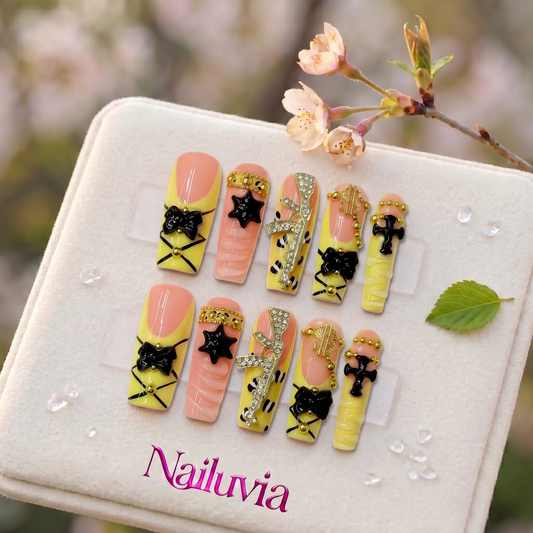 HK-D123 Handmade Medium Square Press On Nails for Daily Life Parties  Nightclubs