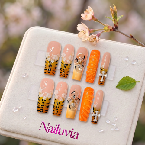 HK-D125 Handcrafted  Medium Square Press On Nails for Everyday Wear, Travel