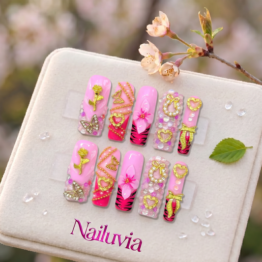 HK-D128 Handcrafted Medium Square Press On Nails for Everyday Wear, Travel & Special Events