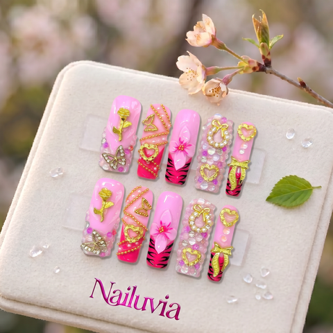 HK-D128 Handcrafted Medium Square Press On Nails for Everyday Wear, Travel & Special Events