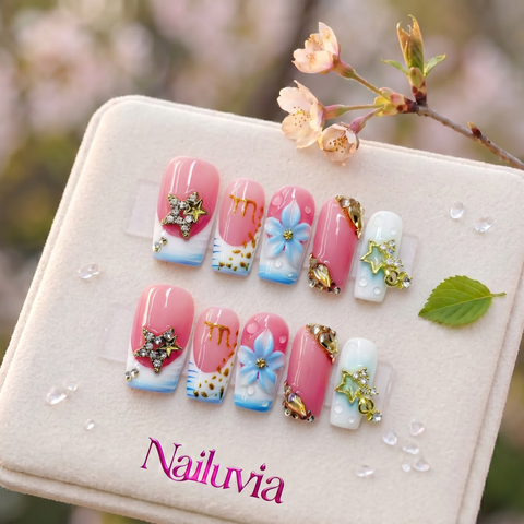 HK-D146 Handcrafted Medium Square Acrylic Press On Nails for Daily Wear, Dating, Party