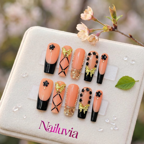 HK-D179 Handcrafted  Medium Square Press On Nails for Everyday , Travel & Special Events