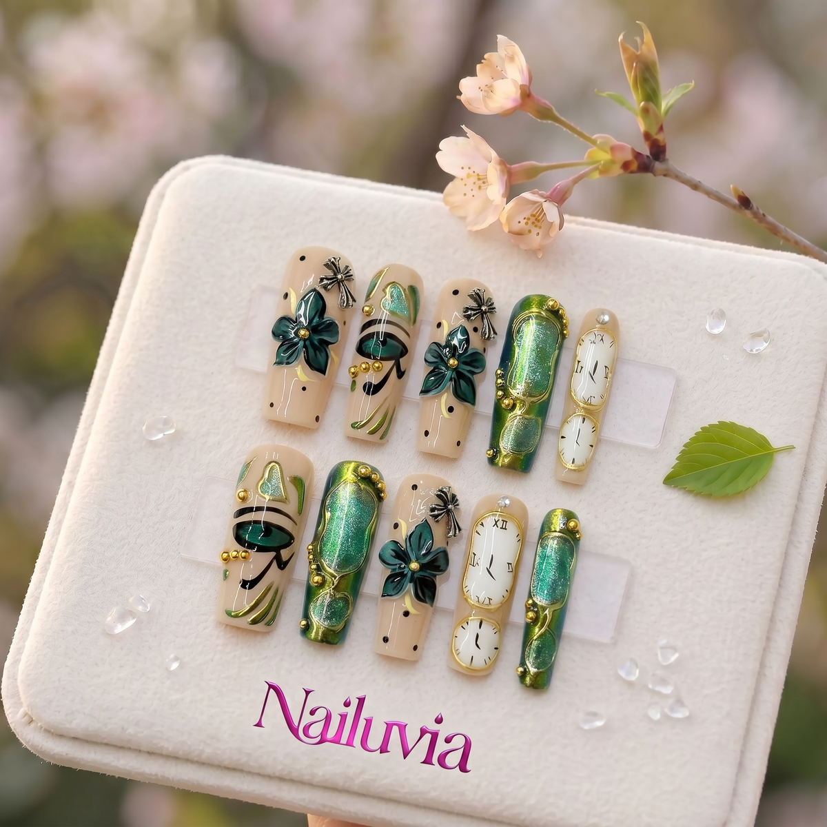 HK-D182  Handmade Medium Square Acrylic Nails for Daily Life，Party，Holiday,Travel