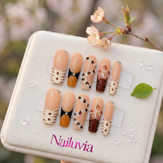 HK-D183 Handmade Medium Square Acrylic Nails for Daily Life，Party，Holiday,Travel