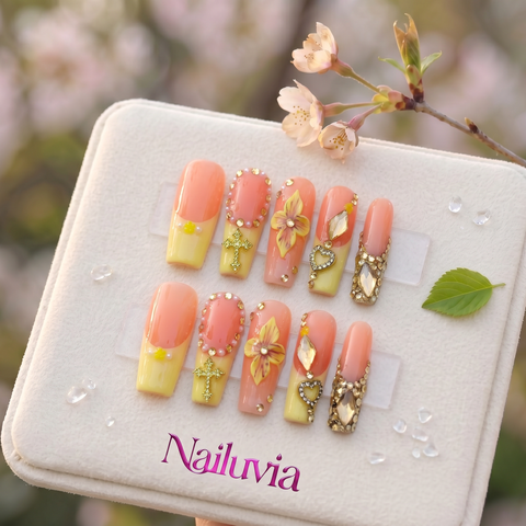 HK-D184 Handmade Medium Square Acrylic Nails for Daily Life，Party，Holiday,Travel