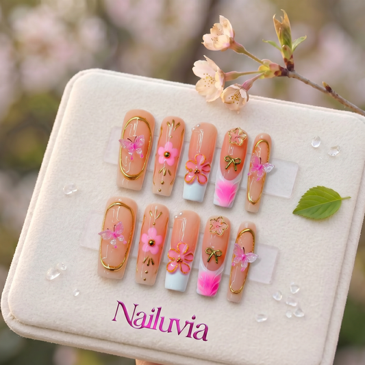 HK-D187 Handmade Medium Square Acrylic Nails for Daily Life，Party，Holiday,Travel