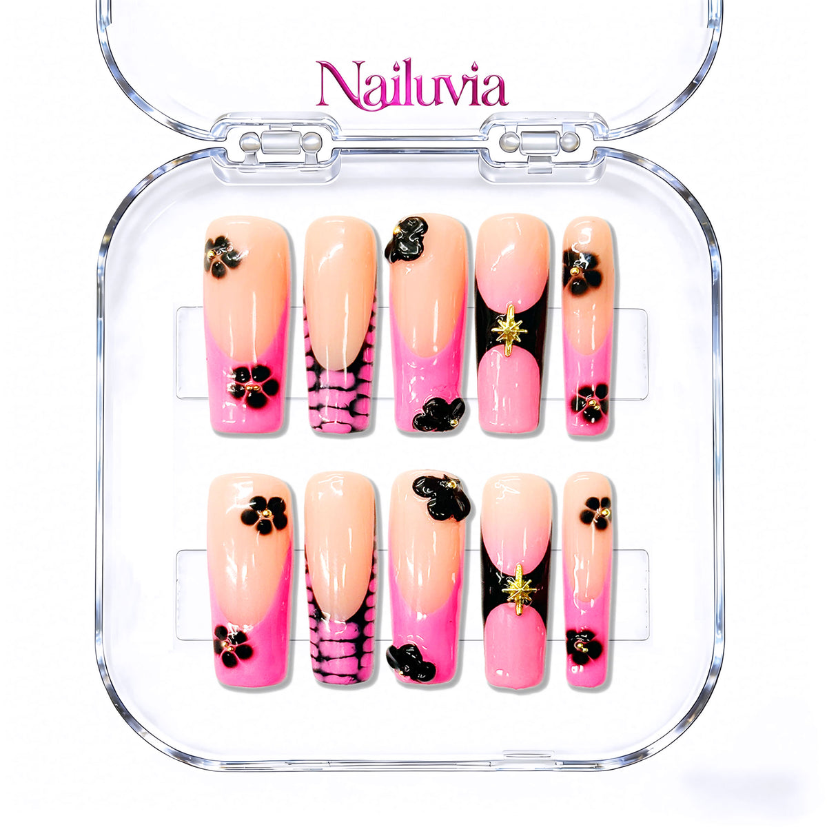 Nailuvia-D047 Midium-Square "Pink Noir Bloom" Press-On Nails