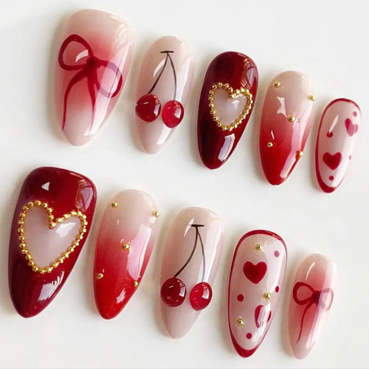 Nailuvia-AL038 Almond "Cherry Love" Press-On Nails