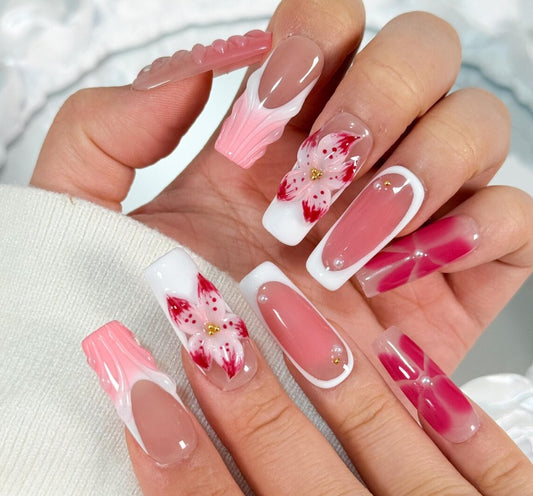 Nailuvia-FR023 French "Blossom Swirl" Press-On Nails