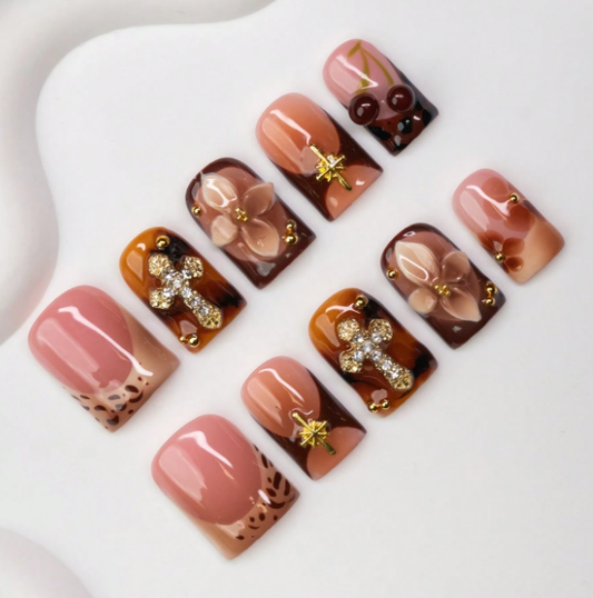 10pcs Handmade Acrylic Press-On Nails | Tortoiseshell & Nude Pink with Cross & Floral Accents | Reusable, Work-Friendly ST004