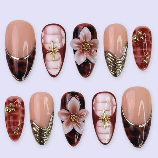 Nailuvia-AL014 Almond "Tortoiseshell Blossom" Press-On Nails