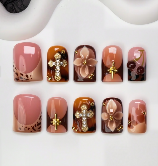 10pcs Handmade Acrylic Press-On Nails | Tortoiseshell & Nude Pink with Cross & Floral Accents | Reusable, Work-Friendly ST004
