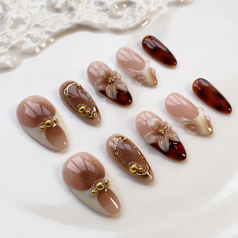 Nailuvia-AL012 Almond "Toffee Blossom" Press-On Nails