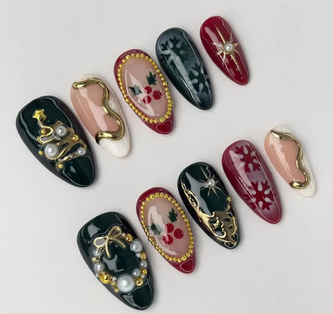 Nailuvia-AL017 Almond "Festive Enchantment" Press-On Nails