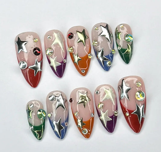 Nailuvia-AL019 Almond "Rainbow Starfall" Press-On Nails