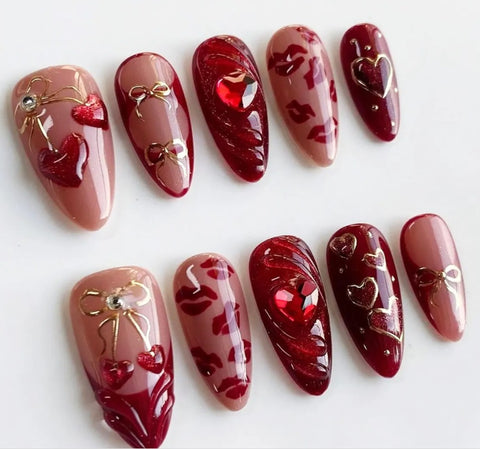 Nailuvia-AL040 Almond "Ruby Romance" Press-On Nails