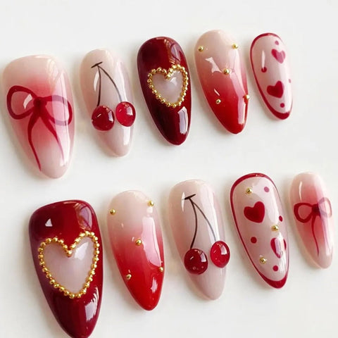 Nailuvia-AL038 Almond "Cherry Love" Press-On Nails