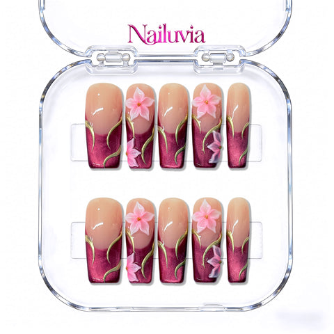 Luxury 3D Floral Medium Square Press-On Nails | Burgundy & Nude with Gold Swirls | Nailuvia