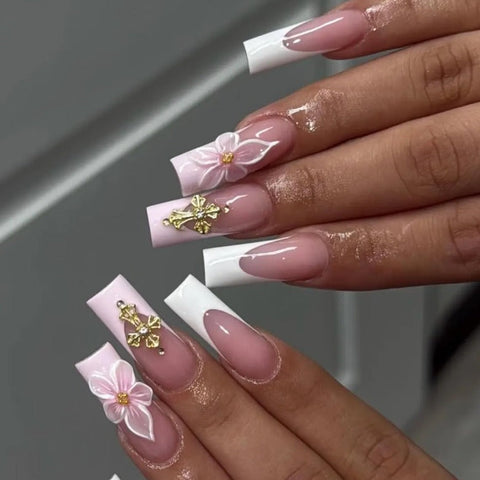 Nailuvia-FR013 French "Blossom &amp; Cross" Press-On Nails