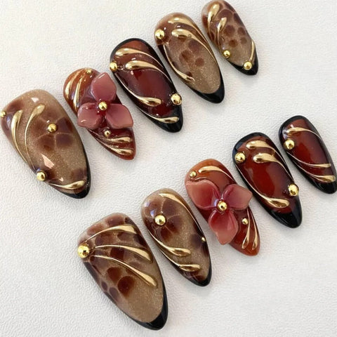 Nailuvia-AL035 Almond "Tortoiseshell Bloom" Press-On Nails