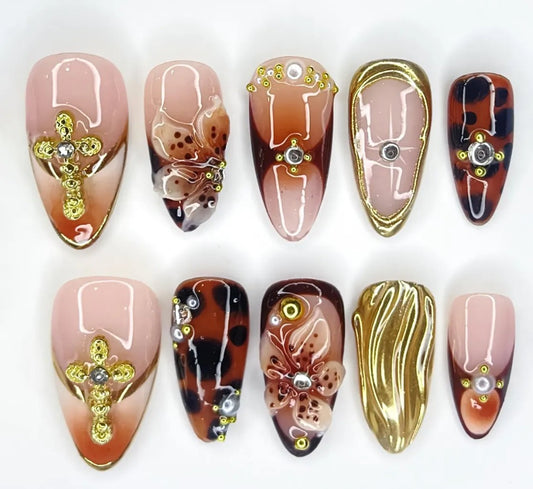 Nailuvia-AL018 Almond "Tortoiseshell Opulence" Press-On Nails