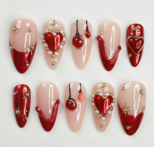 Nailuvia-AL022 Almond "Ruby Romance" Press-On Nails