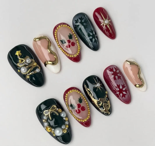 Nailuvia-AL030 Almond "Festive Opulence" Press-On Nails